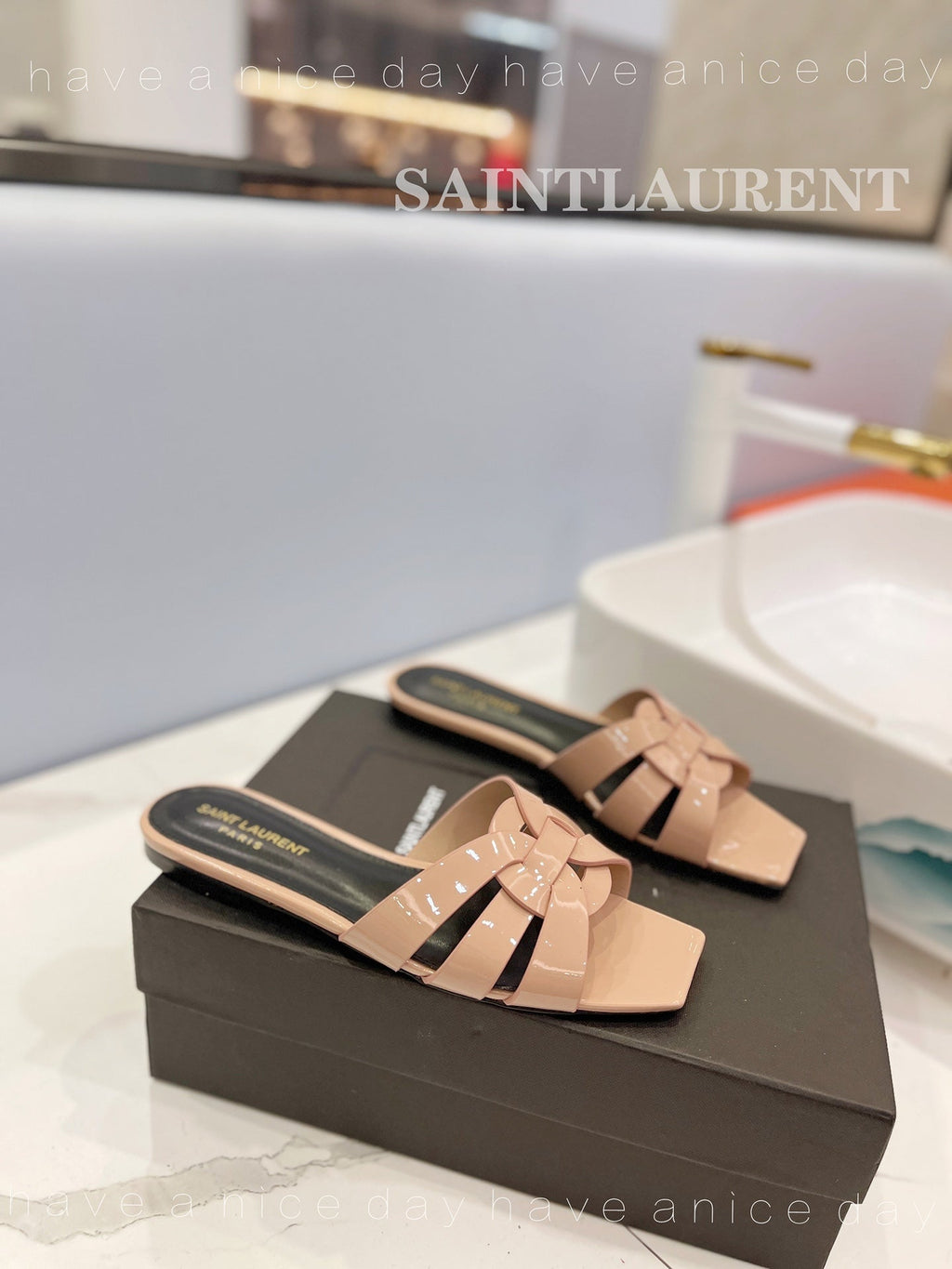 SL TRIBUTE SLIPPERS GLOSSY PINK NUDE CALFSKIN