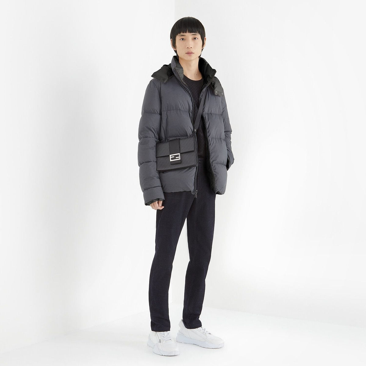 Fendi Grey Hooded Baffled Puffer Jacket