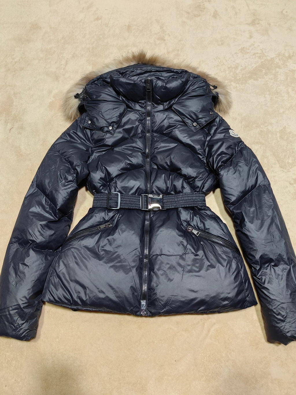 Moncler Women's Fur-Trim Hood Belted Short Down Coat