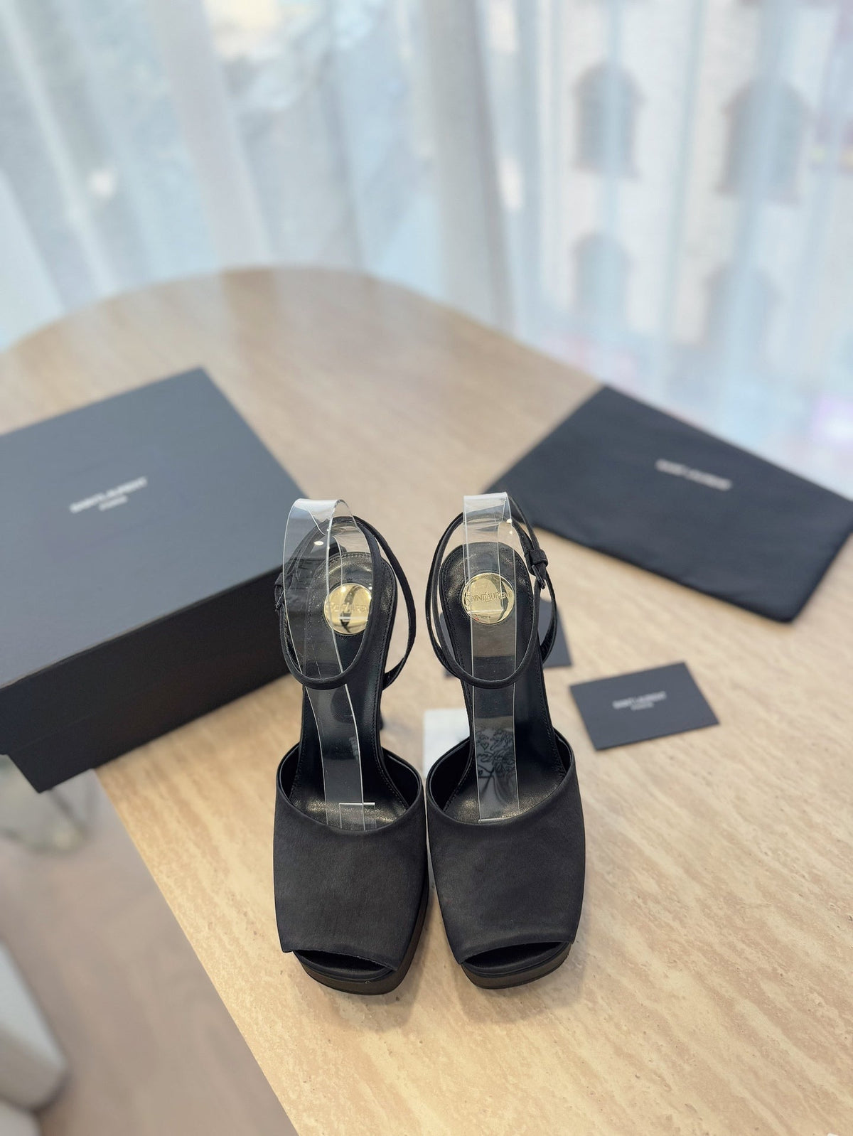 LA SCANDALE HIGH 14 CM PLATFORM SANDALS IN BLACK SATIN CREPE