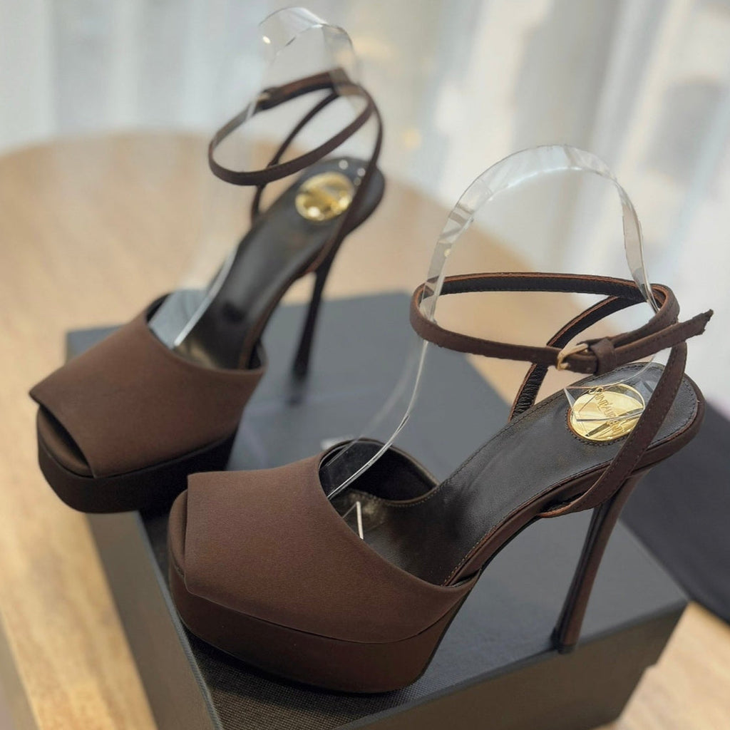 LA SCANDALE HIGH 14 CM PLATFORM SANDALS IN CHOCOLATE BROWN SATIN CREPE