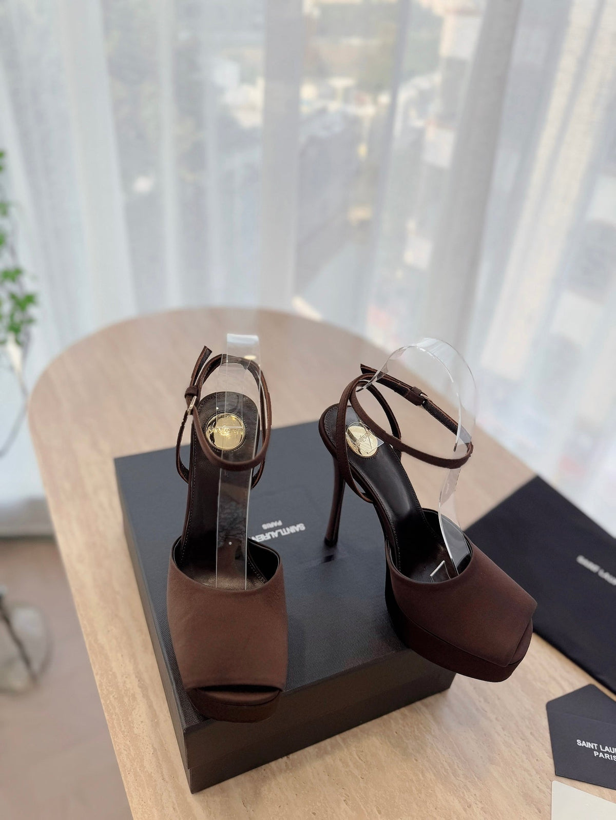 LA SCANDALE HIGH 14 CM PLATFORM SANDALS IN CHOCOLATE BROWN SATIN CREPE