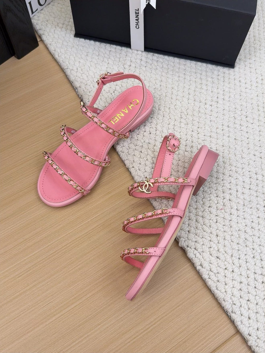 THREE-STRAPS SANDALS IN FLAMINGO PINK CALFSKIN WITH GOLD HARDWARE