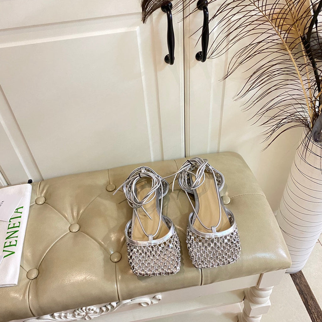LACE-UP FLAT SANDAL IN SILVER METALLIZED MESH AND LEATHER WITH RHINSTONES