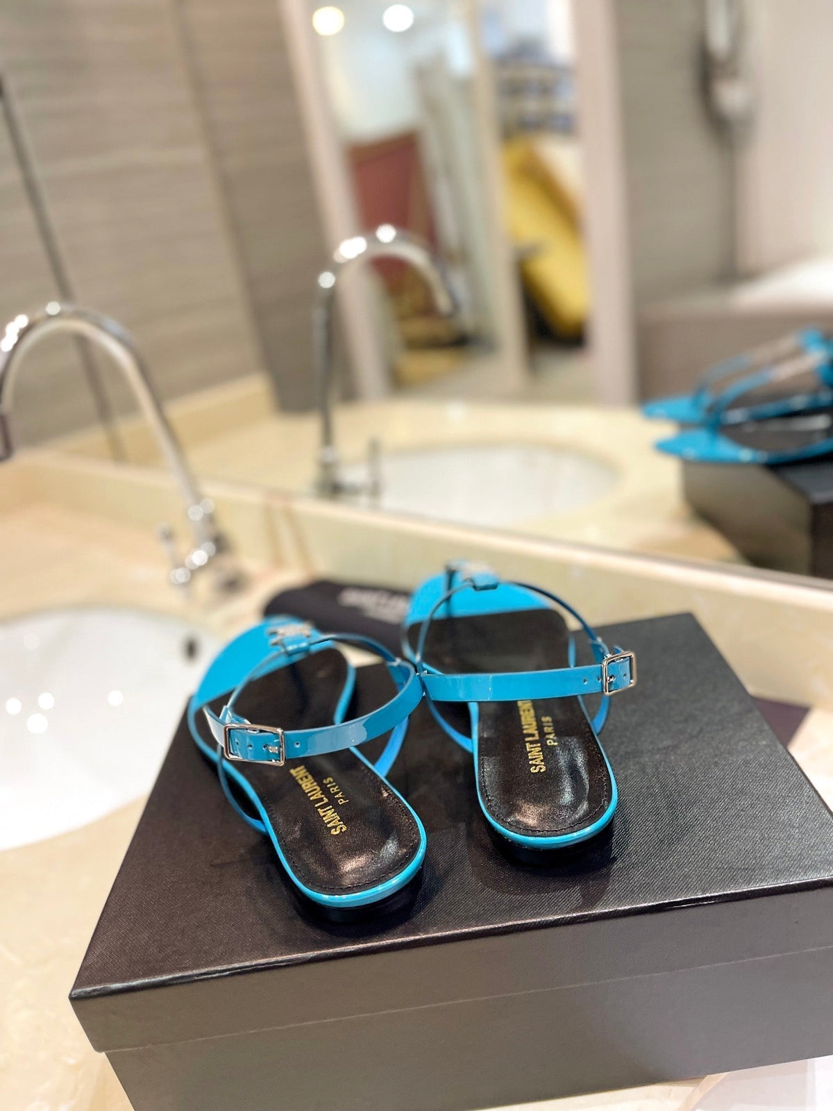 SL CASSANDRA SANDALS CERULEAN POLISHED CALFSKIN