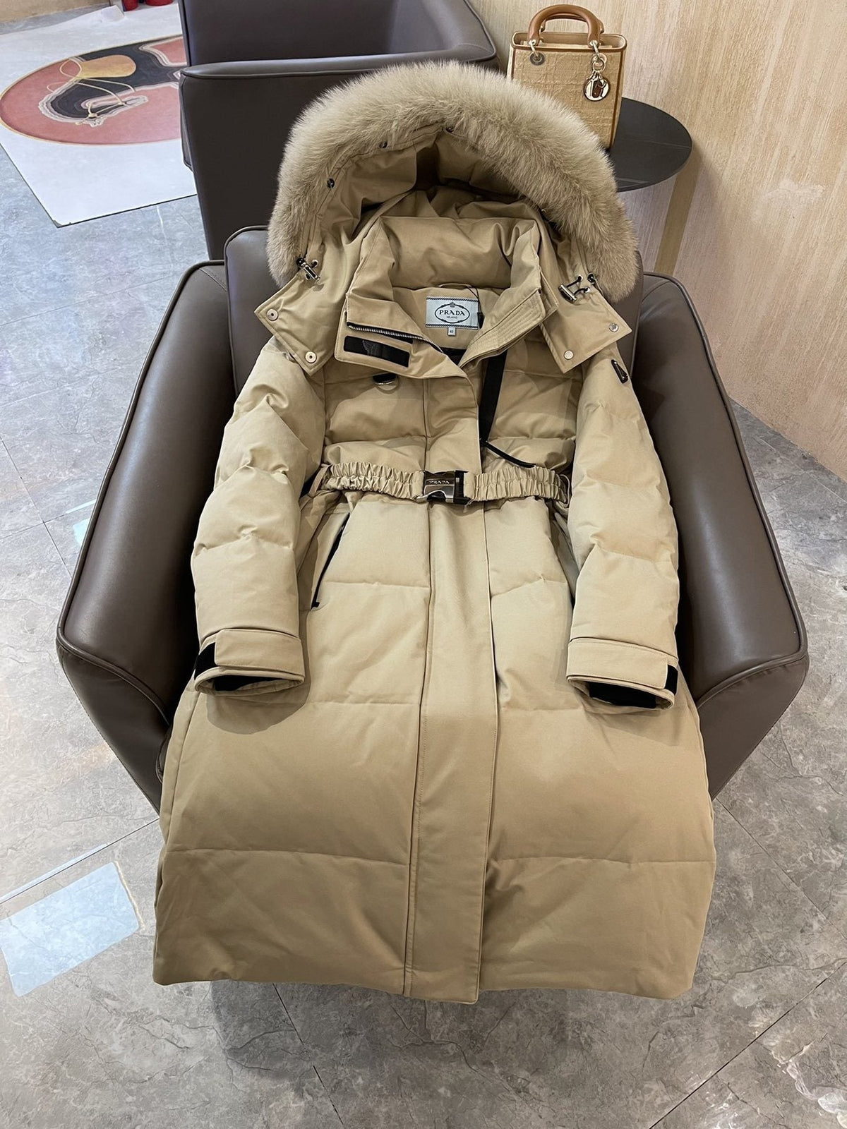 Prada Belted Fur-Trim Hood Long Down Jacket