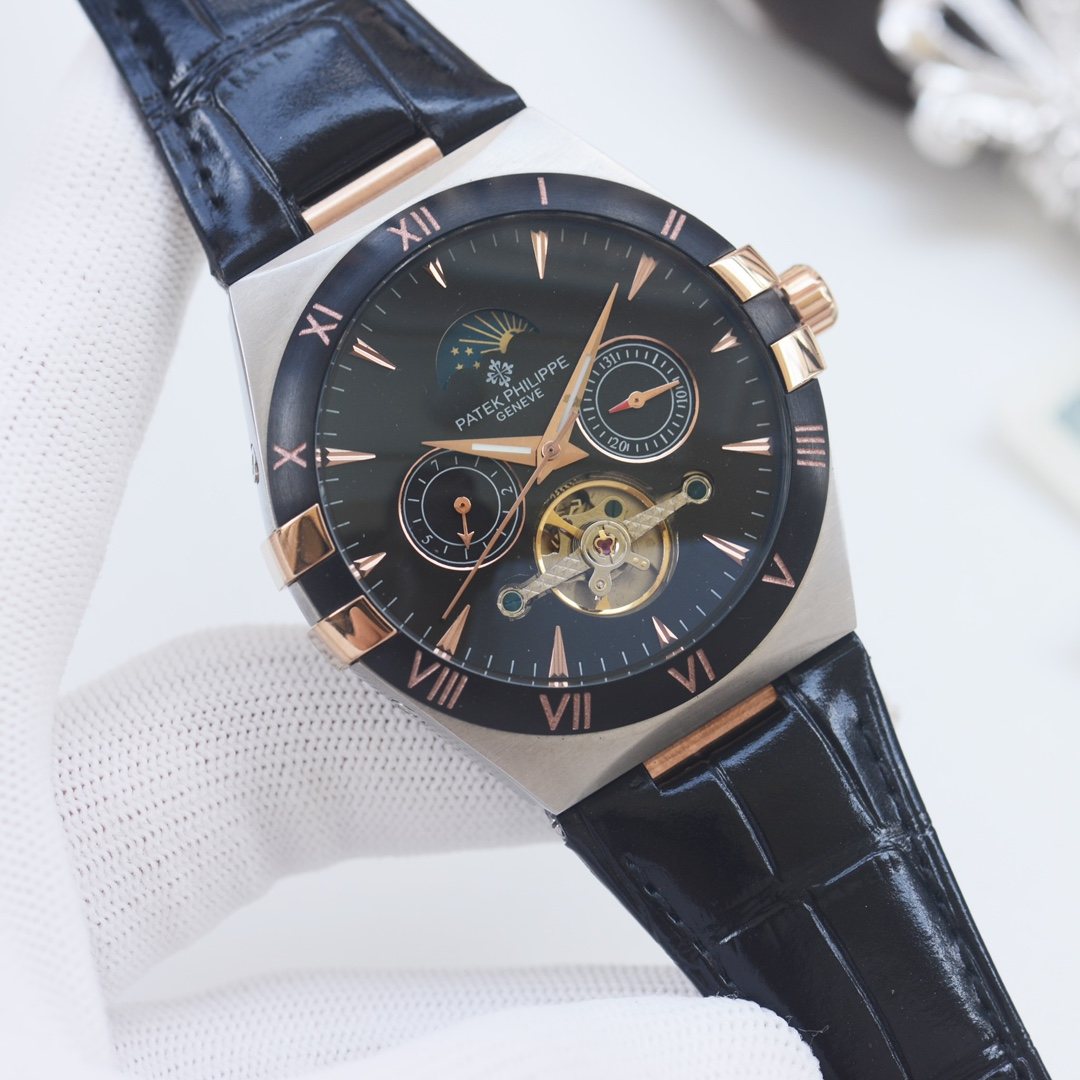 Patek Philippe Blue Rose Gold Black Dial Leather Strap Watch
