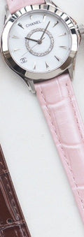CHANEL Pink Silver White Dial Leather Strap Watch